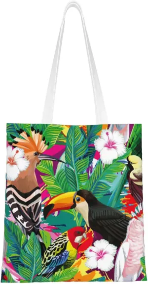 Tropical Birds And Plant Leaf Print Totes, Portable Beach Bag,Reusable Grocery Bags Foldable Shopping With Handlesbags