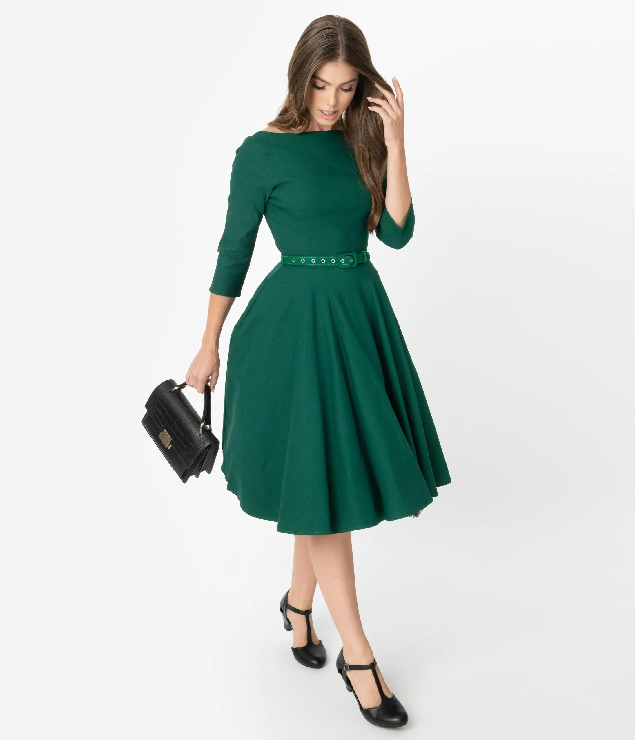 Unique Vintage 1950s Style Emerald Green Stretch Sleeved Devon Swing Dress