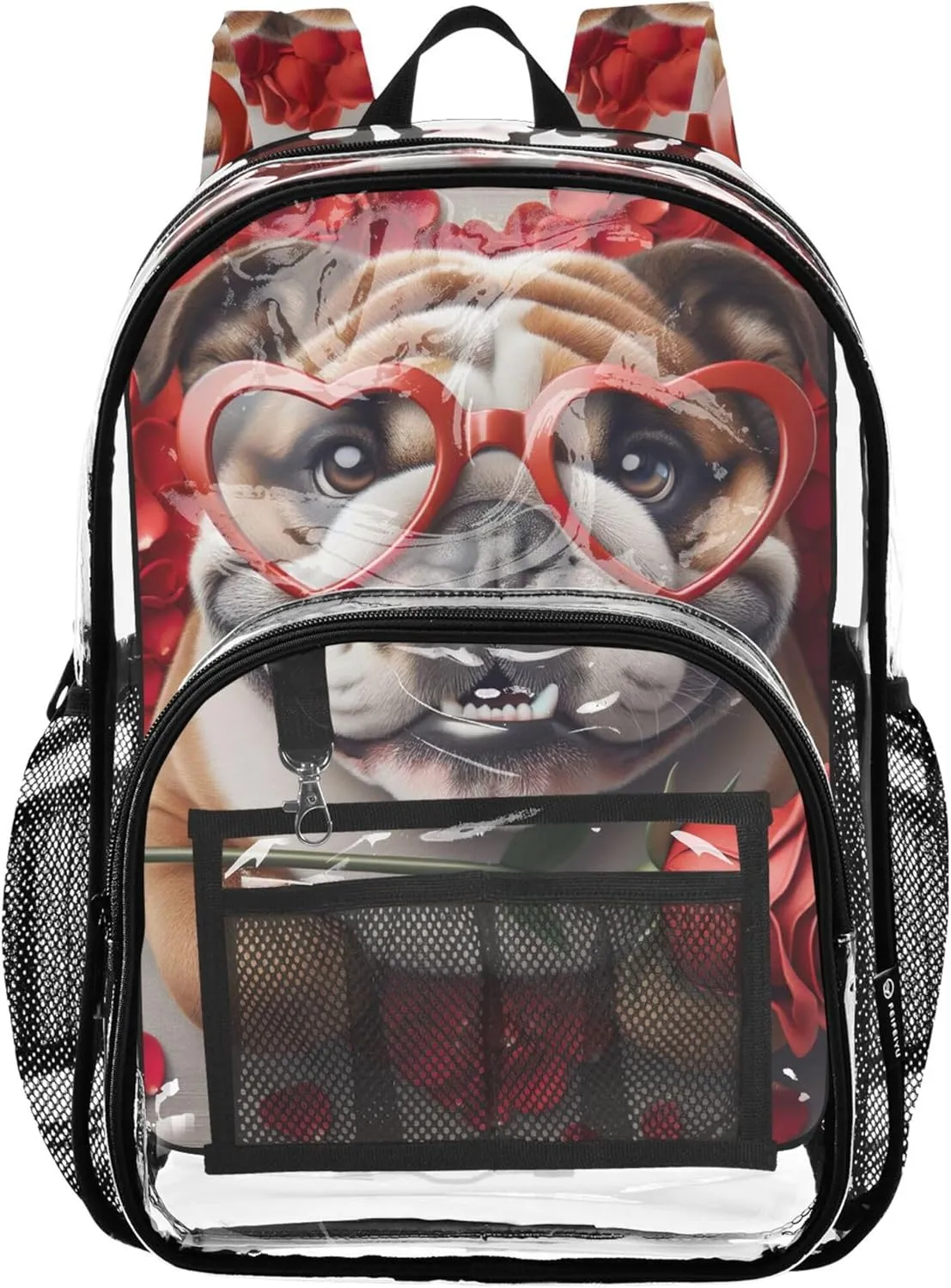 Valentines Bulldog Rose Travel Clear Bags for Women Kids Backpack Boys Girls Plastic See through Bookbag
