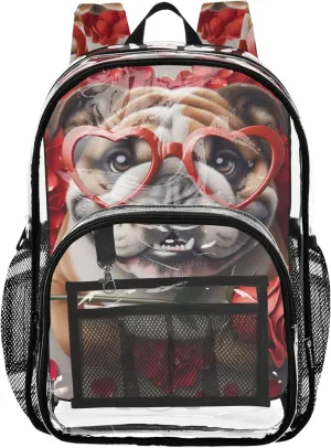 Valentines Bulldog Rose Travel Clear Bags for Women Kids Backpack Boys Girls Plastic See through Bookbag