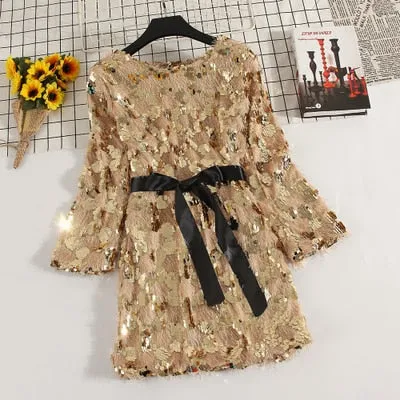 VenusFox bling tassel long-sleeved elegant shiny dresses