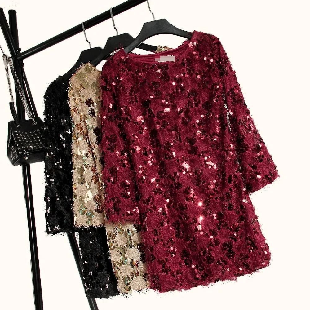 VenusFox bling tassel long-sleeved elegant shiny dresses