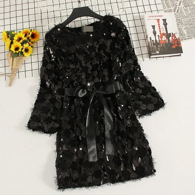 VenusFox bling tassel long-sleeved elegant shiny dresses