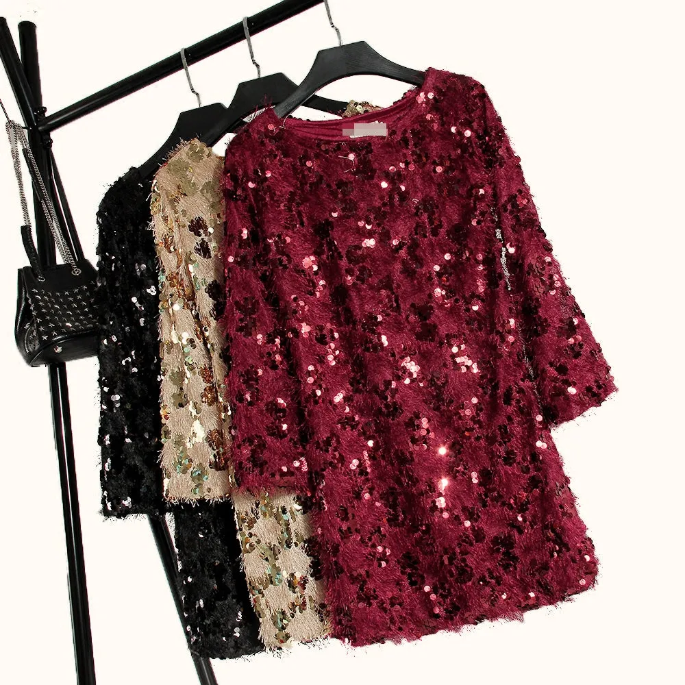 VenusFox bling tassel long-sleeved elegant shiny dresses