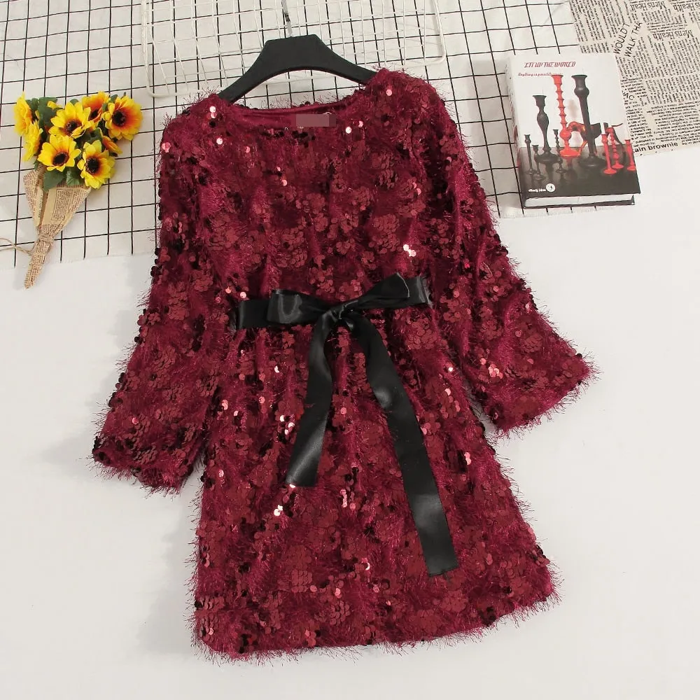 VenusFox bling tassel long-sleeved elegant shiny dresses