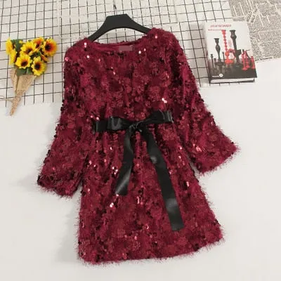 VenusFox bling tassel long-sleeved elegant shiny dresses
