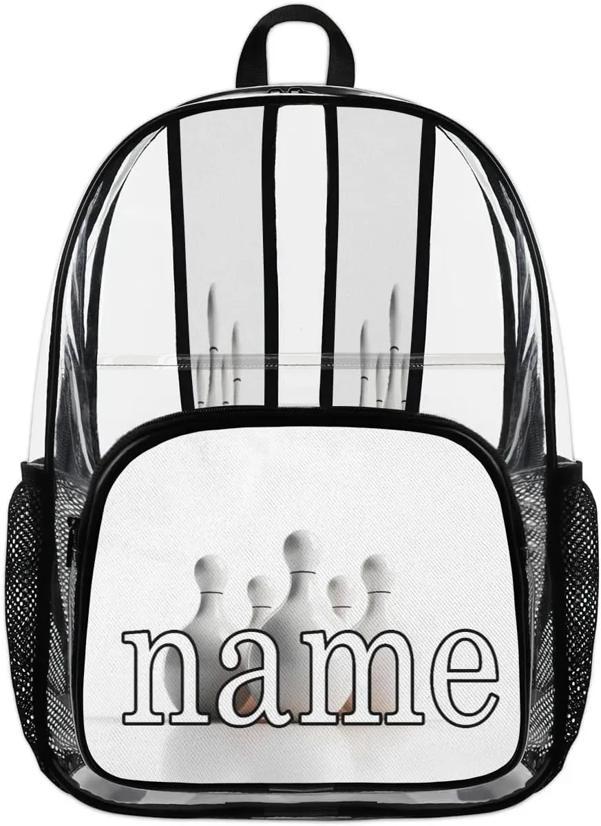 Vintage Bowling Ball Personalized Clear Backpack Custom Waterproof PVC Transparent Backpack with Name Heavy Duty Transparent Bag for Work Travel Concerts