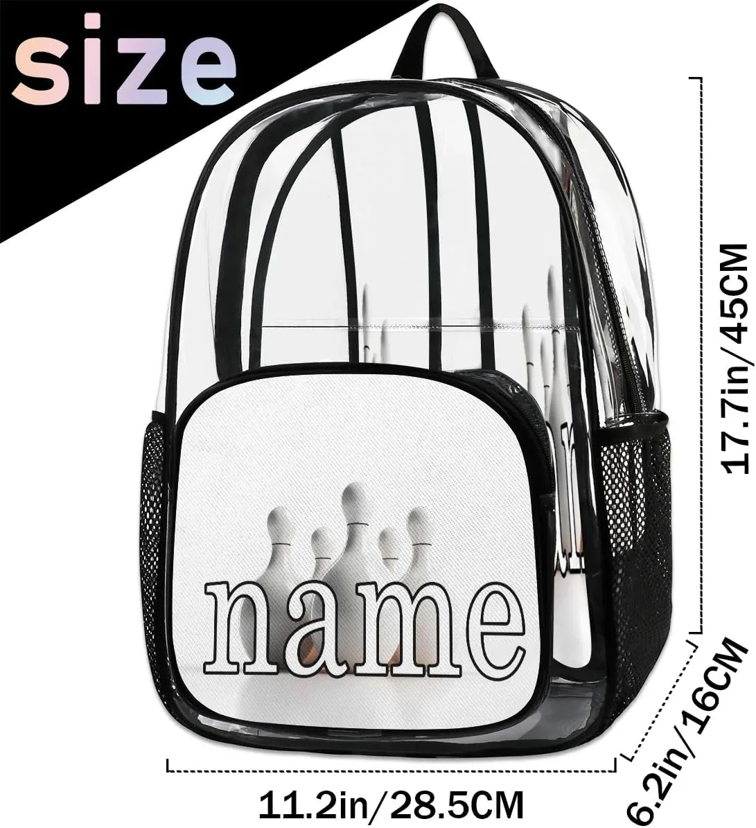 Vintage Bowling Ball Personalized Clear Backpack Custom Waterproof PVC Transparent Backpack with Name Heavy Duty Transparent Bag for Work Travel Concerts