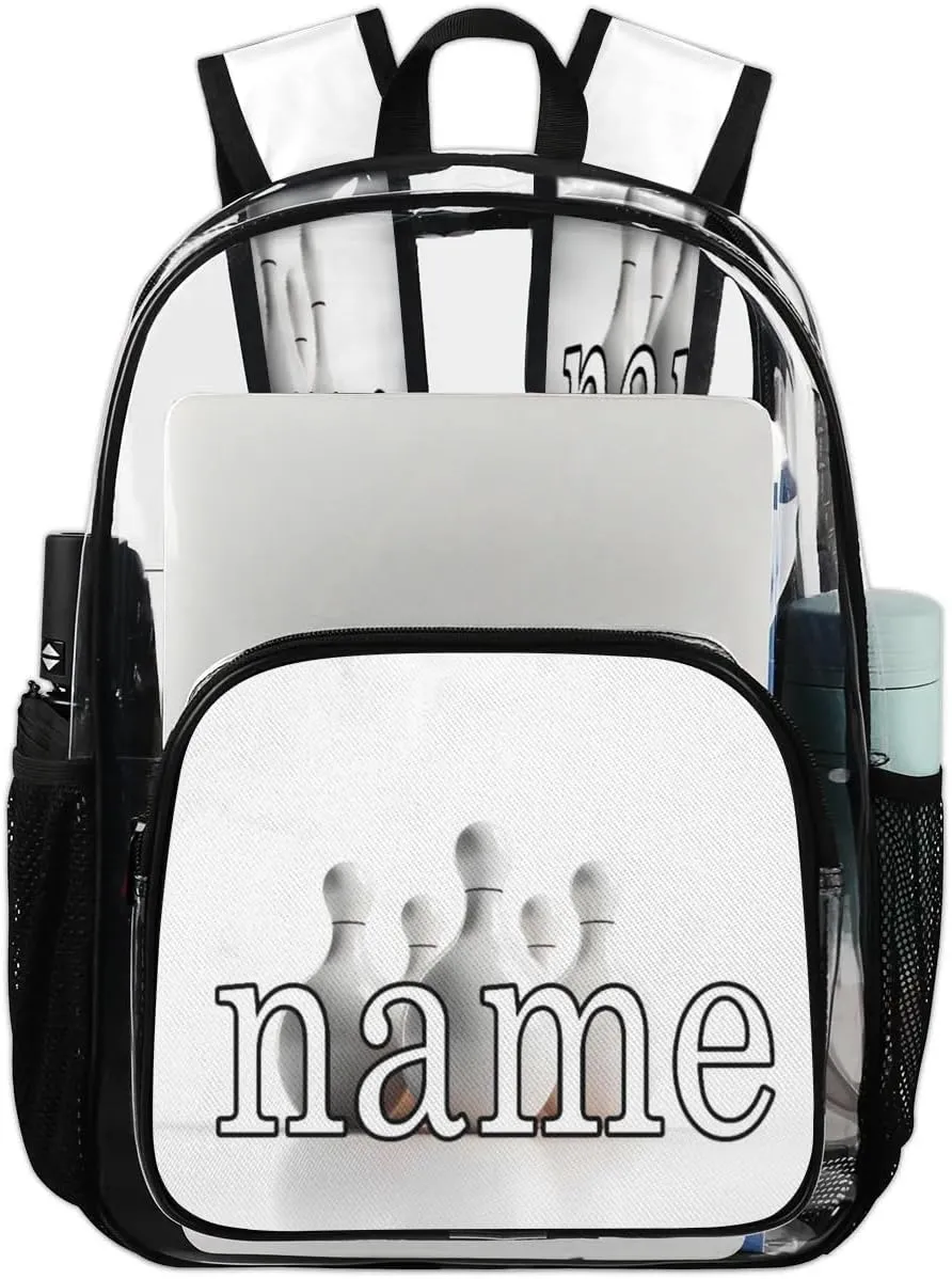 Vintage Bowling Ball Personalized Clear Backpack Custom Waterproof PVC Transparent Backpack with Name Heavy Duty Transparent Bag for Work Travel Concerts