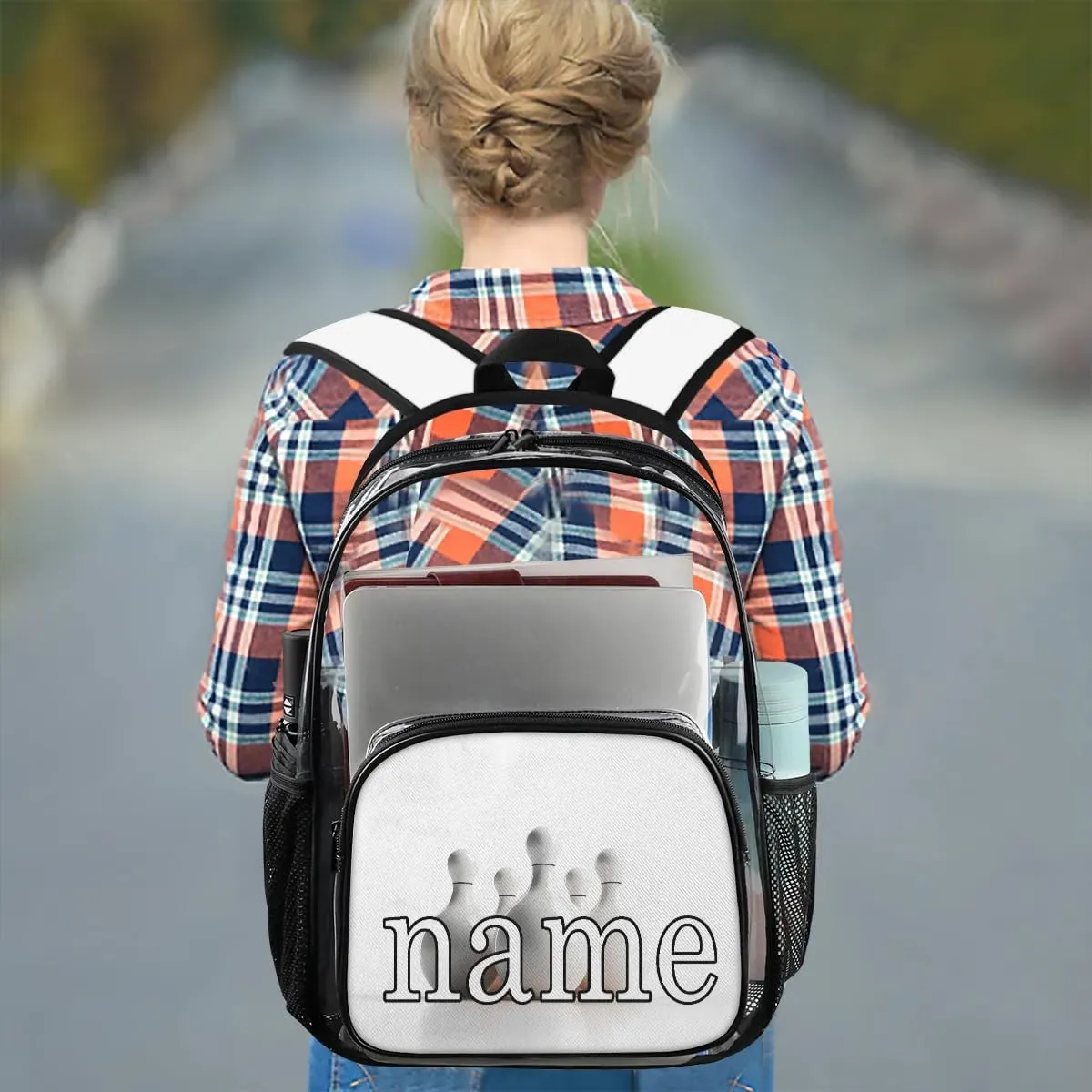 Vintage Bowling Ball Personalized Clear Backpack Custom Waterproof PVC Transparent Backpack with Name Heavy Duty Transparent Bag for Work Travel Concerts