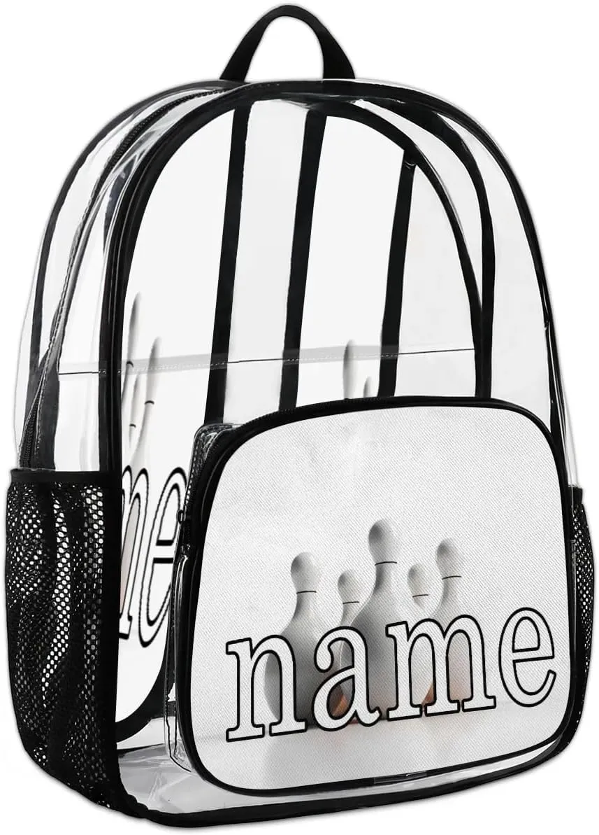Vintage Bowling Ball Personalized Clear Backpack Custom Waterproof PVC Transparent Backpack with Name Heavy Duty Transparent Bag for Work Travel Concerts