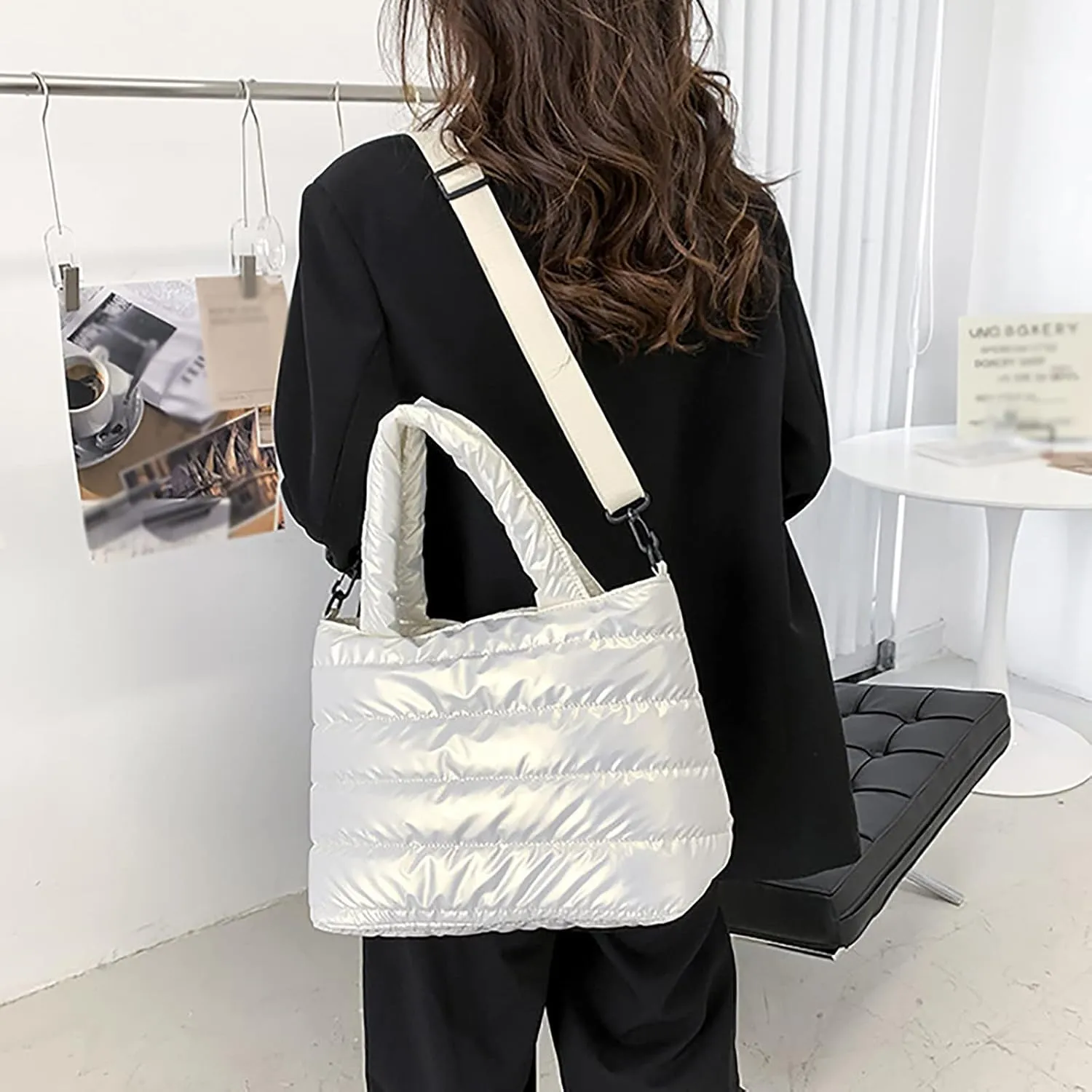 Vintage Handbag Tote Bag For Women Quilted Handbag Lightweight Winter Down Cotton Padded Shoulder Bag Down