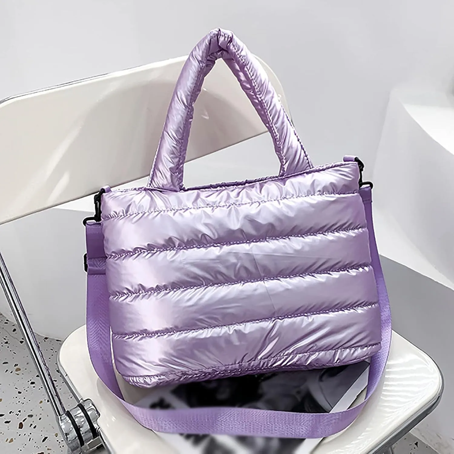 Vintage Handbag Tote Bag For Women Quilted Handbag Lightweight Winter Down Cotton Padded Shoulder Bag Down