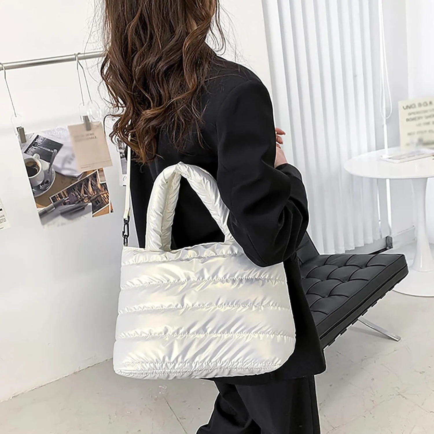 Vintage Handbag Tote Bag For Women Quilted Handbag Lightweight Winter Down Cotton Padded Shoulder Bag Down