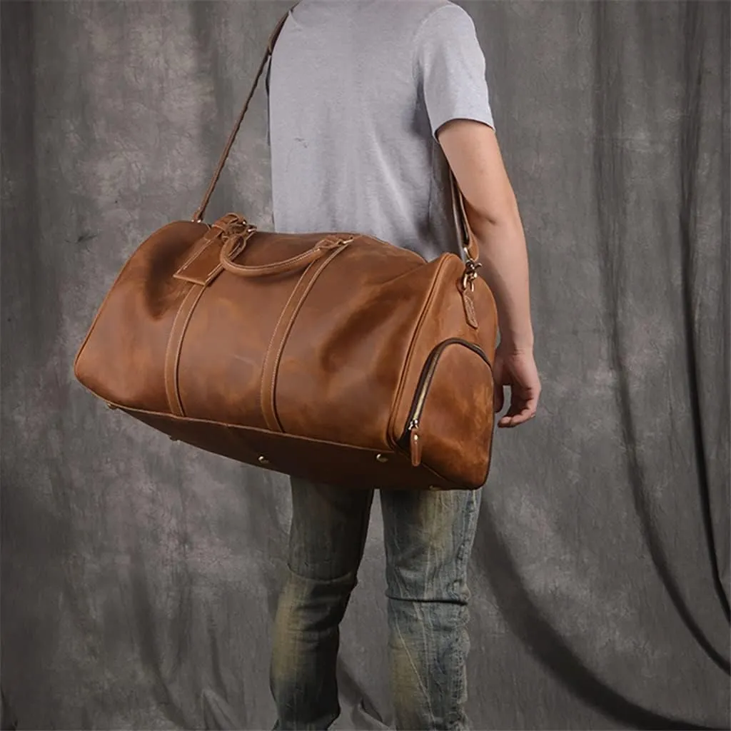 Vintage Men's Travel Bag Leather Large Capacity Single Shoulder Messenger For 15 Inch Laptop With Shoe Bag