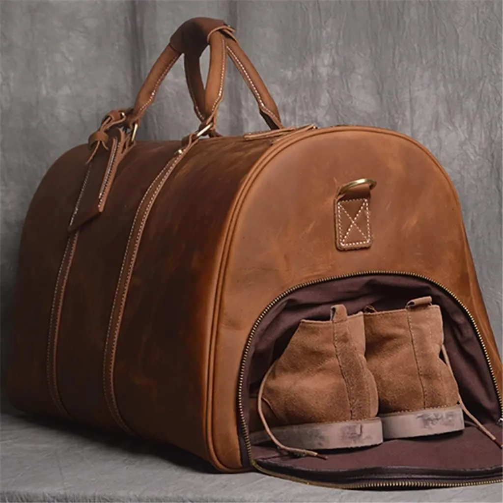 Vintage Men's Travel Bag Leather Large Capacity Single Shoulder Messenger For 15 Inch Laptop With Shoe Bag