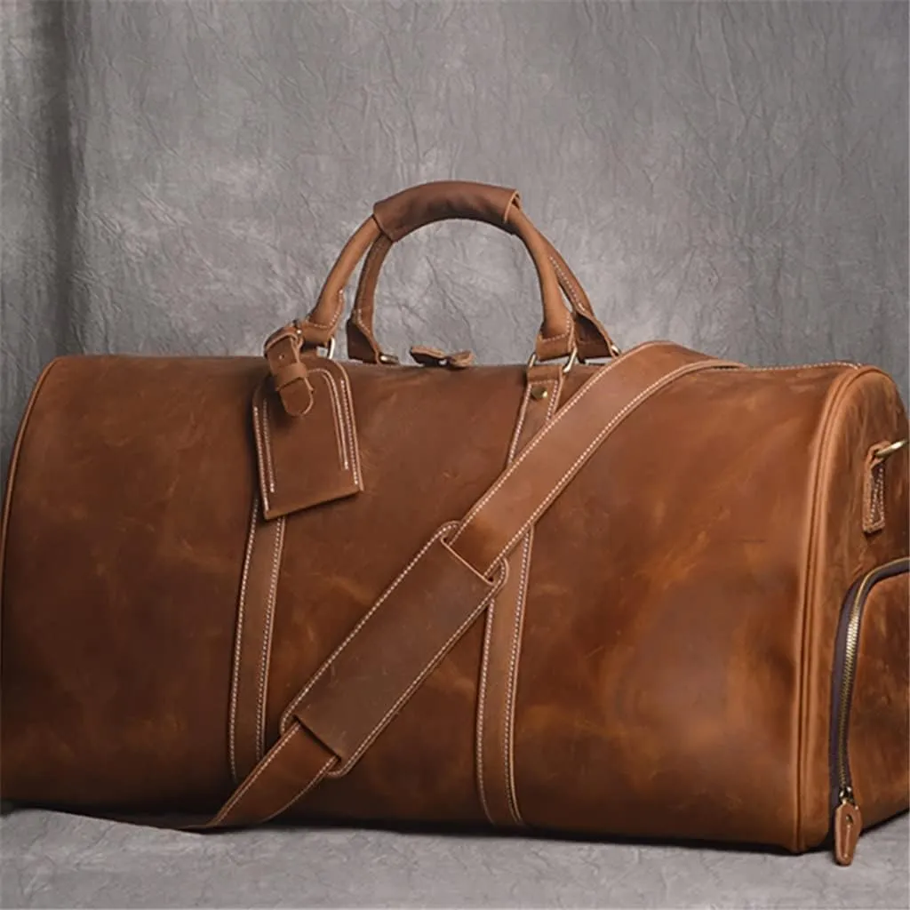 Vintage Men's Travel Bag Leather Large Capacity Single Shoulder Messenger For 15 Inch Laptop With Shoe Bag