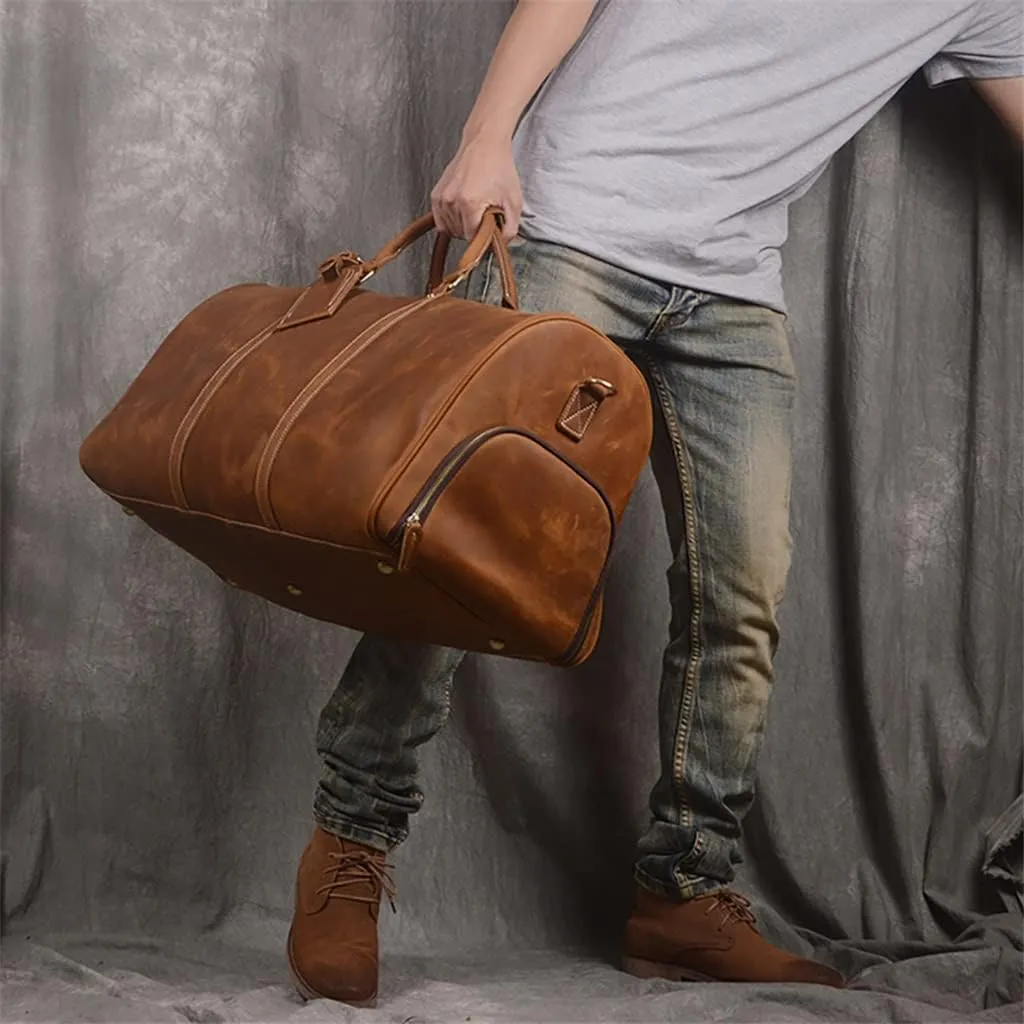 Vintage Men's Travel Bag Leather Large Capacity Single Shoulder Messenger For 15 Inch Laptop With Shoe Bag