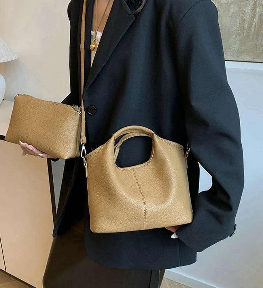 Vintage Vegan Leather Shoulder Crossbody Bag for Women Small Bucket Tote Satchels Purse Travel Work Handbag 2pcs