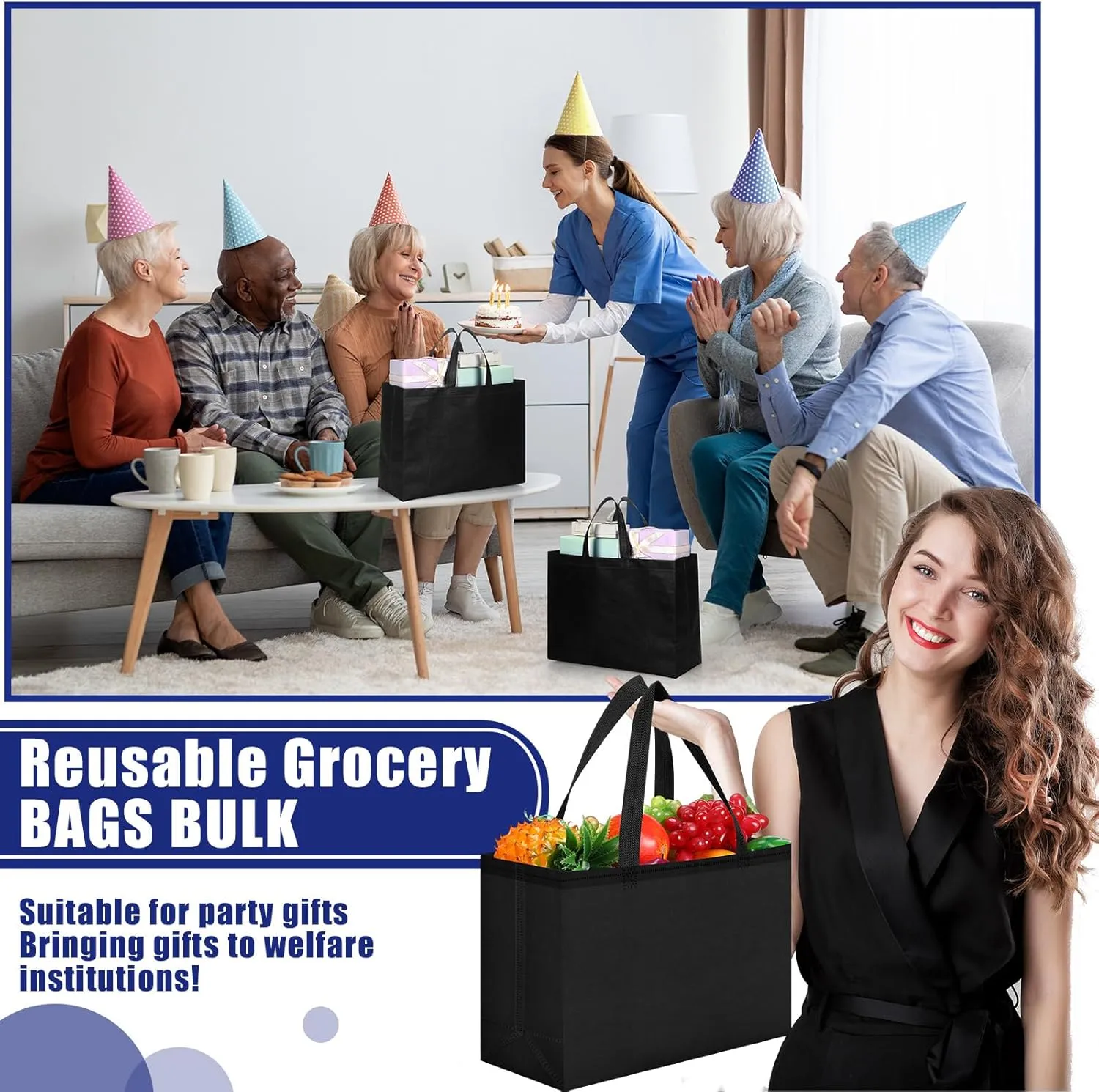 Windyun 200 Pcs Reusable Grocery Bags Large Non Woven Shopping Bags Foldable Portable Tote Carryall Bulk(Black,16x6x12 Inch)