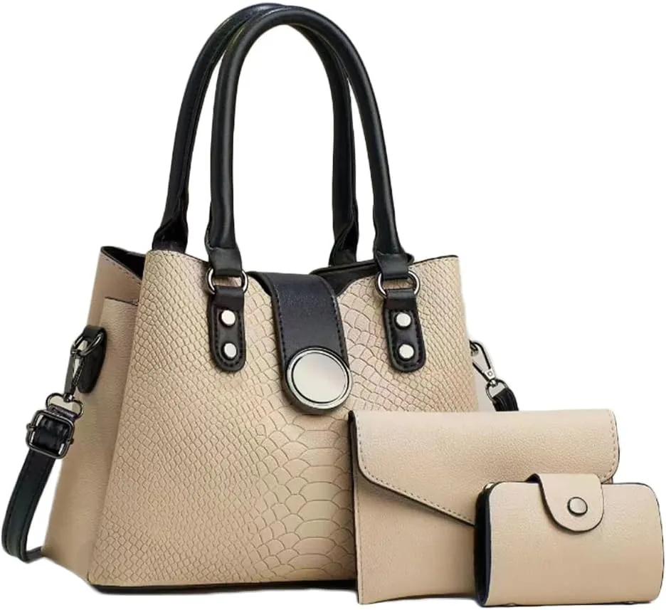 Women 3pcs Handbags and Purses Set Soft Faux Leather Totes Satchel Clutch Wallet Card Holder Burgundy, Apricot