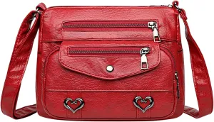 Women Bag Heart Decor Crossbody Bag Solid Vintage PU Leather Shoulder Versatile Women Pockets Purse