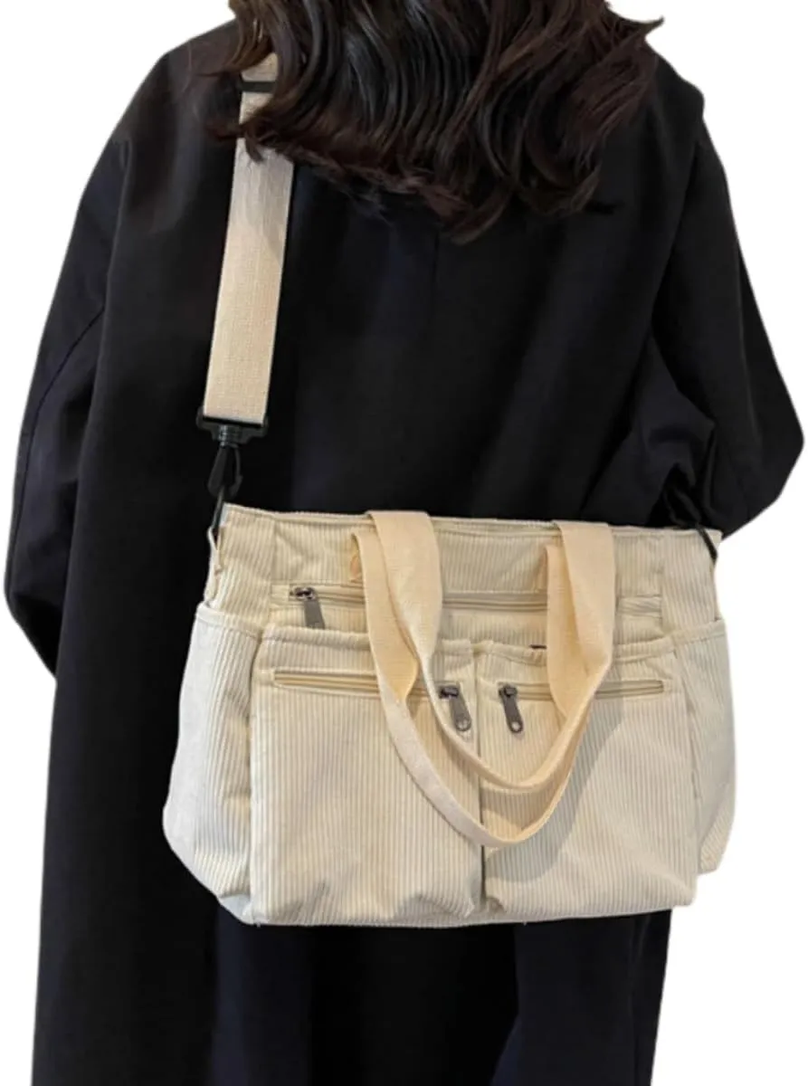 Women Corduroy Satchel Tote Bag Multi Pockets Large Capacity Totes Handbag Casual Work Meaaenger Purse,Green