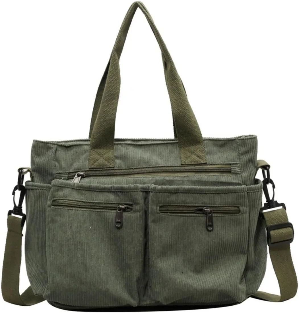Women Corduroy Satchel Tote Bag Multi Pockets Large Capacity Totes Handbag Casual Work Meaaenger Purse,Green