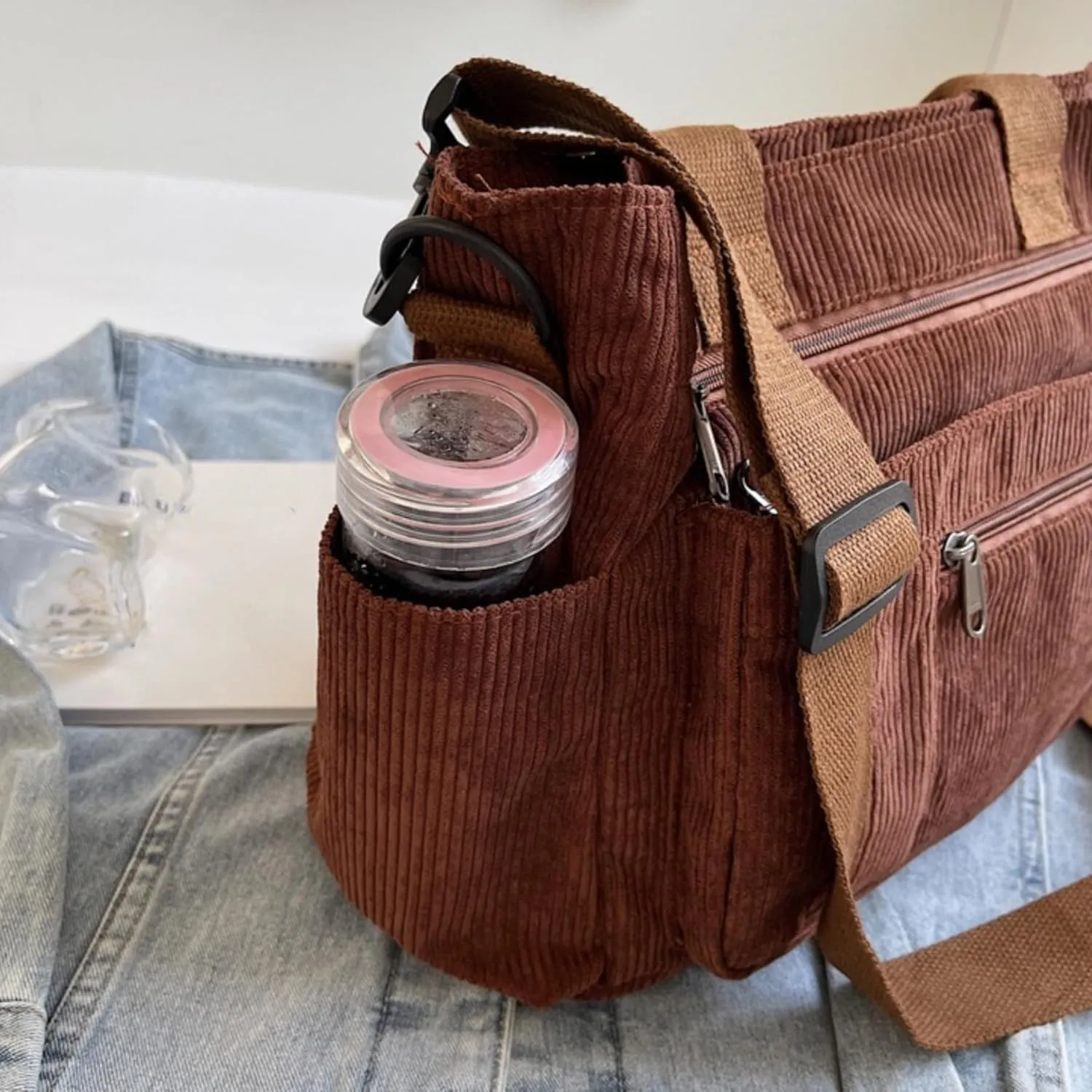 Women Corduroy Satchel Tote Bag Multi Pockets Large Capacity Totes Handbag Casual Work Meaaenger Purse,Green