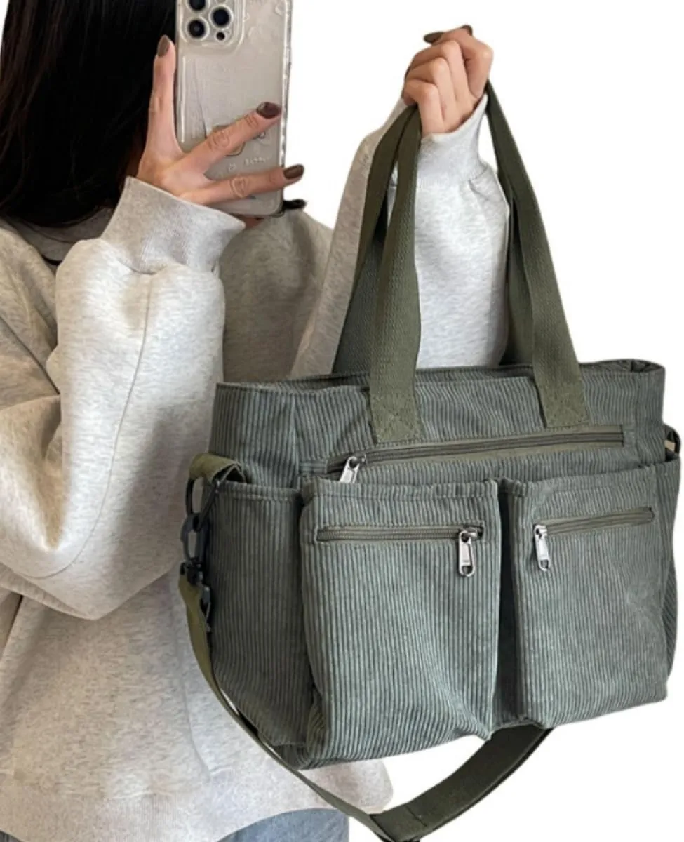 Women Corduroy Satchel Tote Bag Multi Pockets Large Capacity Totes Handbag Casual Work Meaaenger Purse,Green