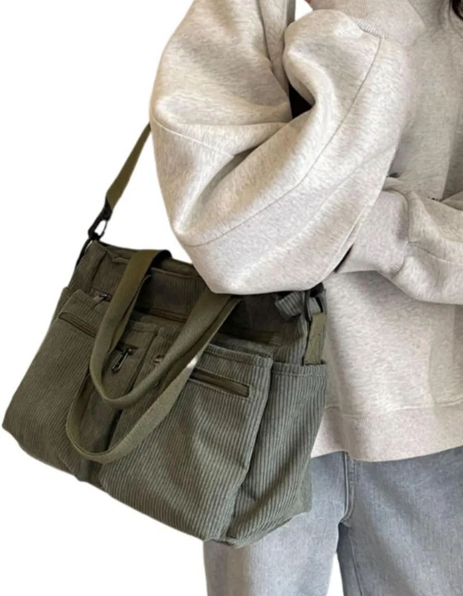 Women Corduroy Satchel Tote Bag Multi Pockets Large Capacity Totes Handbag Casual Work Meaaenger Purse,Green