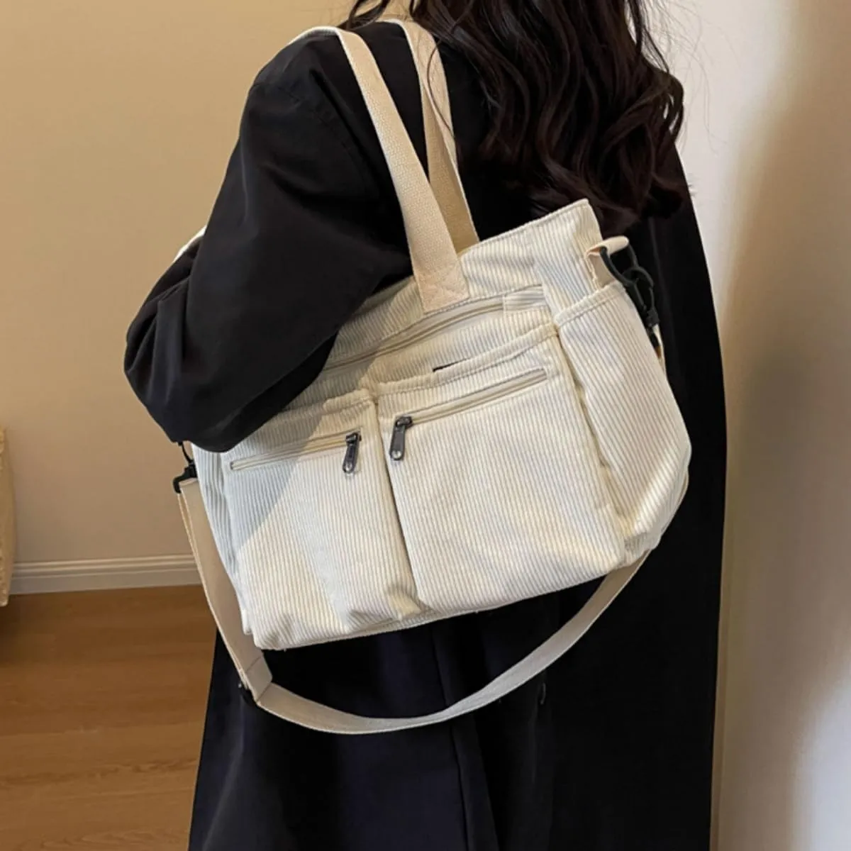 Women Corduroy Satchel Tote Bag Multi Pockets Large Capacity Totes Handbag Casual Work Meaaenger Purse,Green