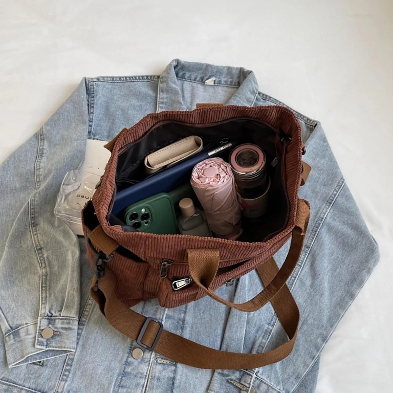 Women Corduroy Satchel Tote Bag Multi Pockets Large Capacity Totes Handbag Casual Work Meaaenger Purse,Green
