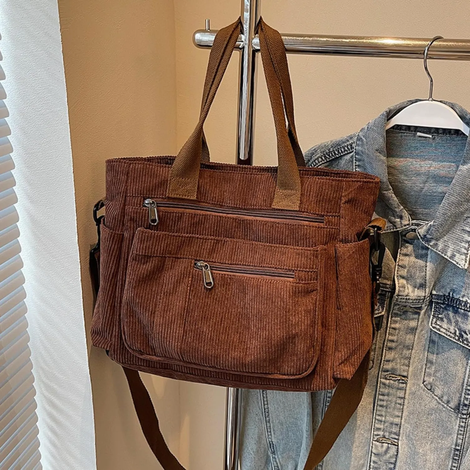 Women Corduroy Satchel Tote Bag Multi Pockets Large Capacity Totes Handbag Casual Work Meaaenger Purse,Green