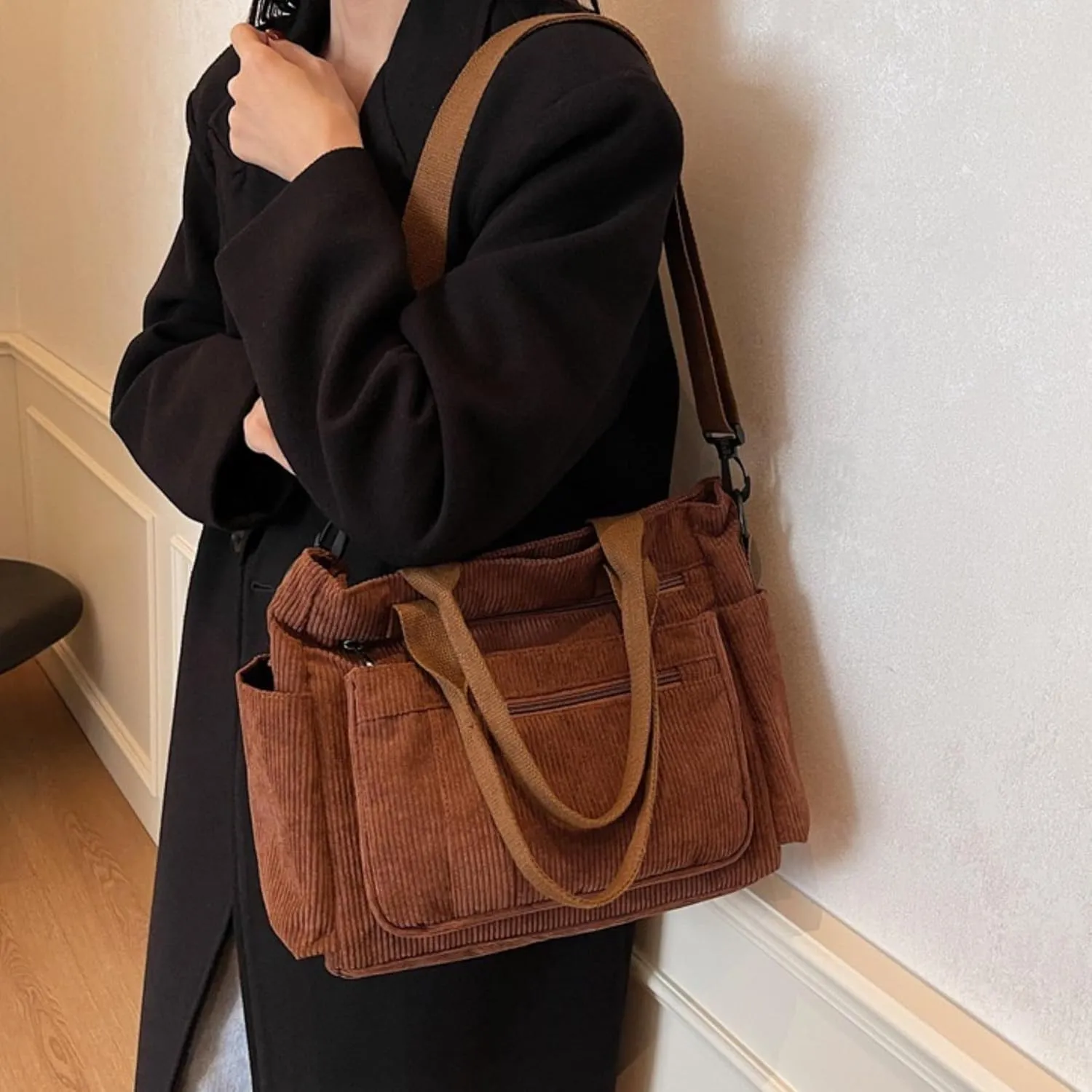 Women Corduroy Satchel Tote Bag Multi Pockets Large Capacity Totes Handbag Casual Work Meaaenger Purse,Green