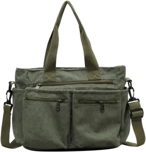 Women Corduroy Satchel Tote Bag Multi Pockets Large Capacity Totes Handbag Casual Work Meaaenger Purse,Green