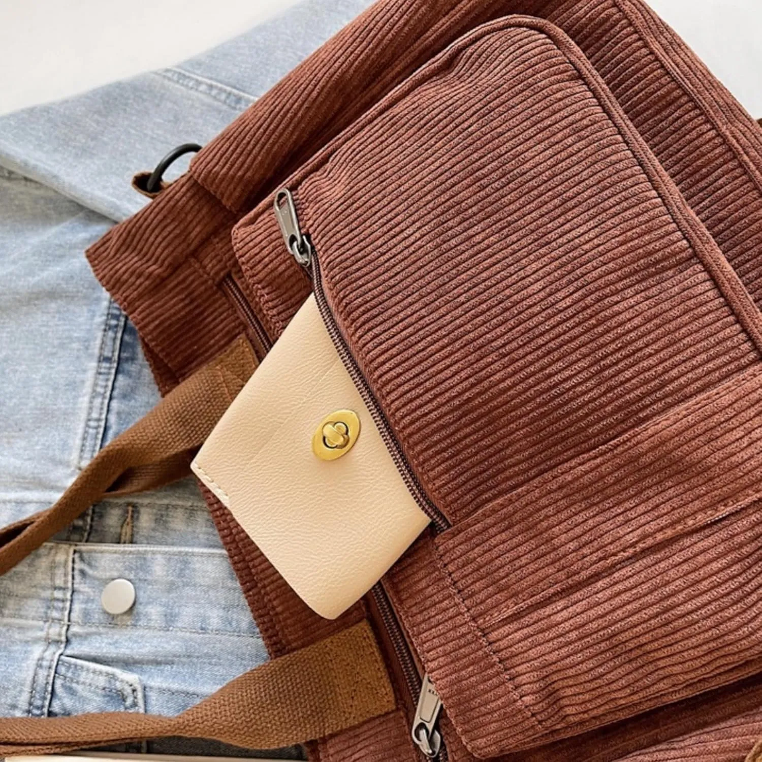 Women Corduroy Satchel Tote Bag Multi Pockets Large Capacity Totes Handbag Casual Work Meaaenger Purse,Green