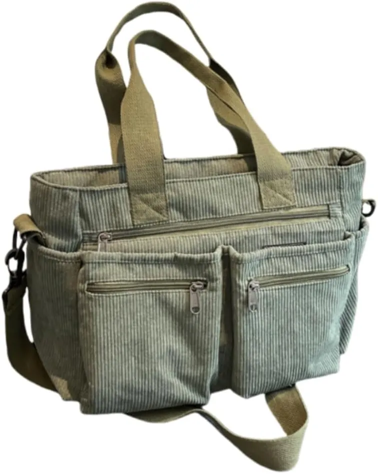 Women Corduroy Satchel Tote Bag Multi Pockets Large Capacity Totes Handbag Casual Work Meaaenger Purse,Green
