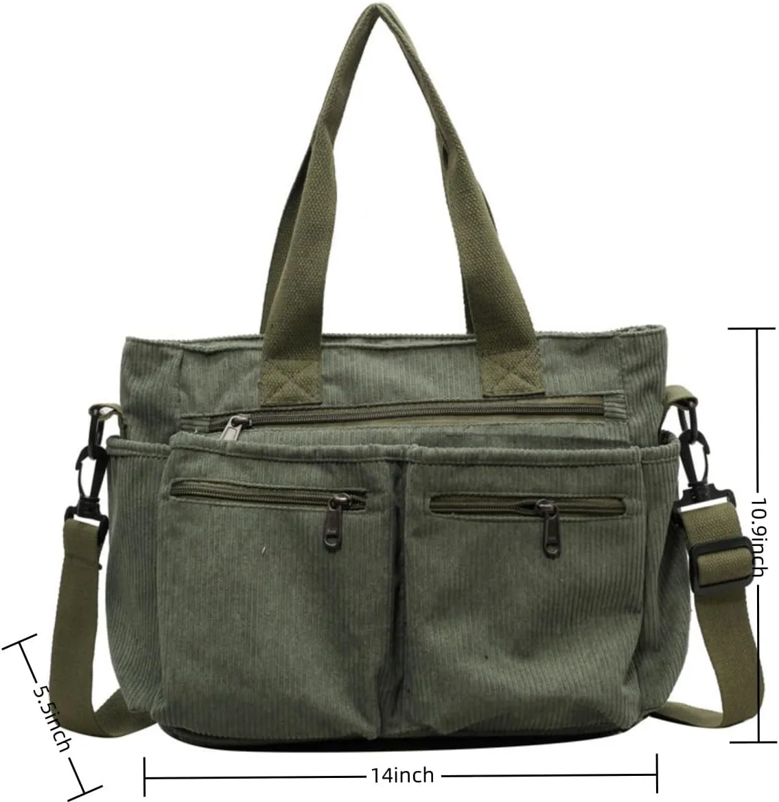 Women Corduroy Satchel Tote Bag Multi Pockets Large Capacity Totes Handbag Casual Work Meaaenger Purse,Green