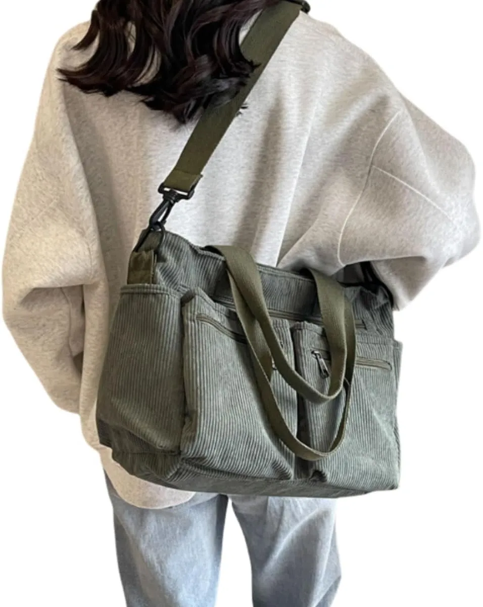 Women Corduroy Satchel Tote Bag Multi Pockets Large Capacity Totes Handbag Casual Work Meaaenger Purse,Green