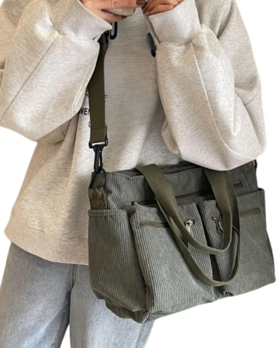 Women Corduroy Satchel Tote Bag Multi Pockets Large Capacity Totes Handbag Casual Work Meaaenger Purse,Green