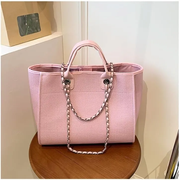 Women's Canvas Totes Chain Handbag Shoulder Crossbody Bucket Bag Beach Vacation Large Capacity Versatile Hobo Top Handle