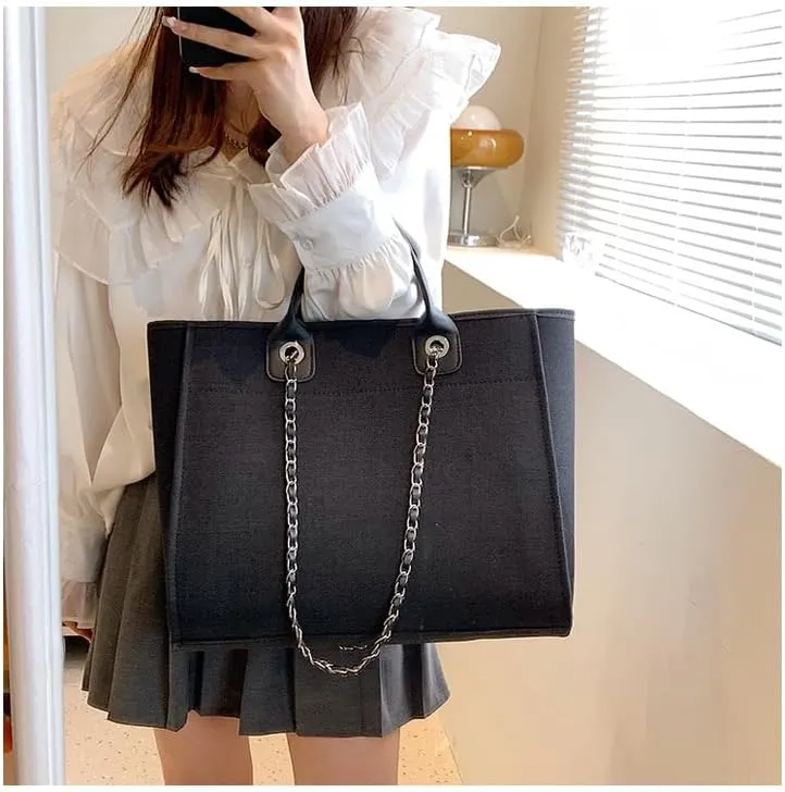 Women's Canvas Totes Chain Handbag Shoulder Crossbody Bucket Bag Beach Vacation Large Capacity Versatile Hobo Top Handle