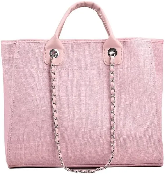 Women's Canvas Totes Chain Handbag Shoulder Crossbody Bucket Bag Beach Vacation Large Capacity Versatile Hobo Top Handle