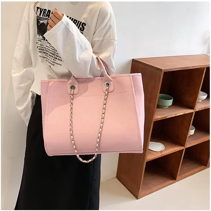 Women's Canvas Totes Chain Handbag Shoulder Crossbody Bucket Bag Beach Vacation Large Capacity Versatile Hobo Top Handle