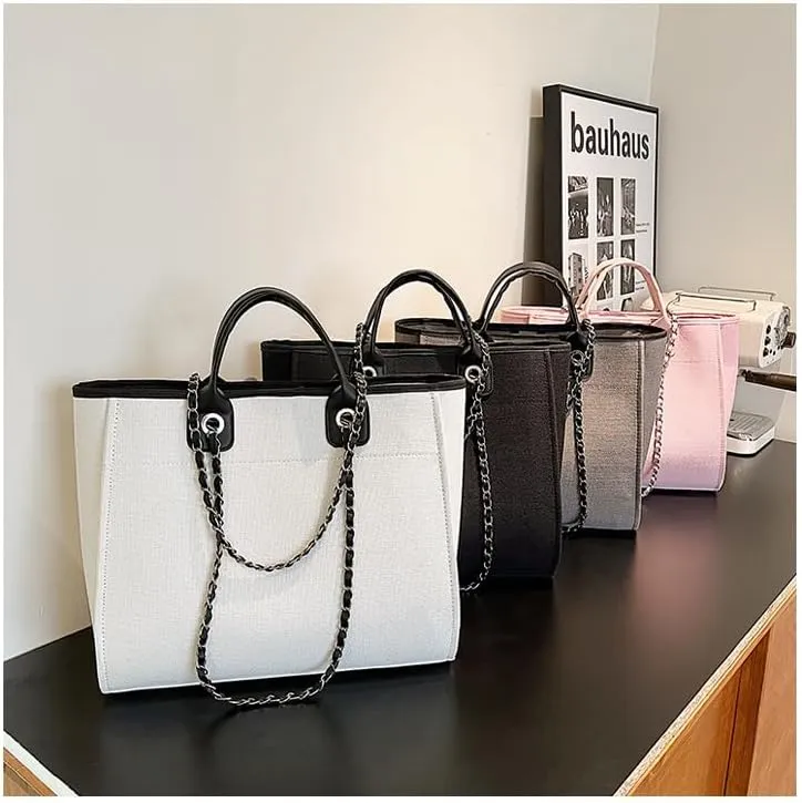 Women's Canvas Totes Chain Handbag Shoulder Crossbody Bucket Bag Beach Vacation Large Capacity Versatile Hobo Top Handle