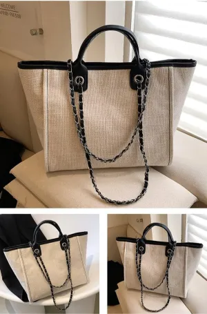 Women's Canvas Totes Chain Handbag Shoulder Crossbody Bucket Bag Beach Vacation Large Capacity Versatile Hobo Top Handle