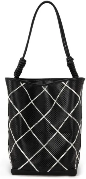 Women's Checkered Hollow Out Woven Bucket Bag Shoulder Crossbody Bag Large Capacity PU Totes Black Chic Stylish Versatile