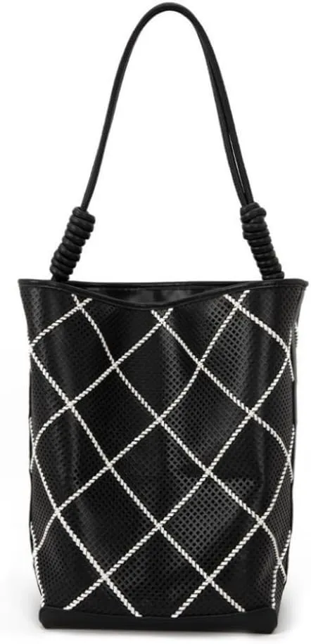 Women's Checkered Hollow Out Woven Bucket Bag Shoulder Crossbody Bag Large Capacity PU Totes Black Chic Stylish Versatile