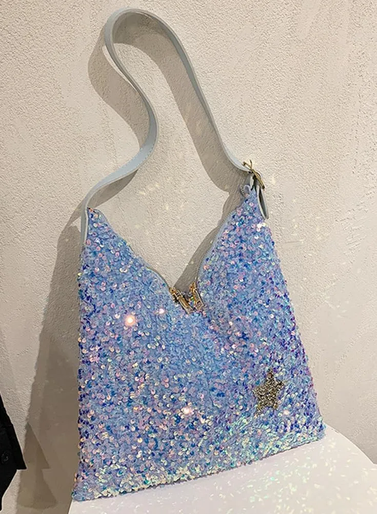 Womens Fashion Bucket Shoulder Bag Y2k Sparkly Glitter Sequin Purse Large Totes Top Handle Satchel Party